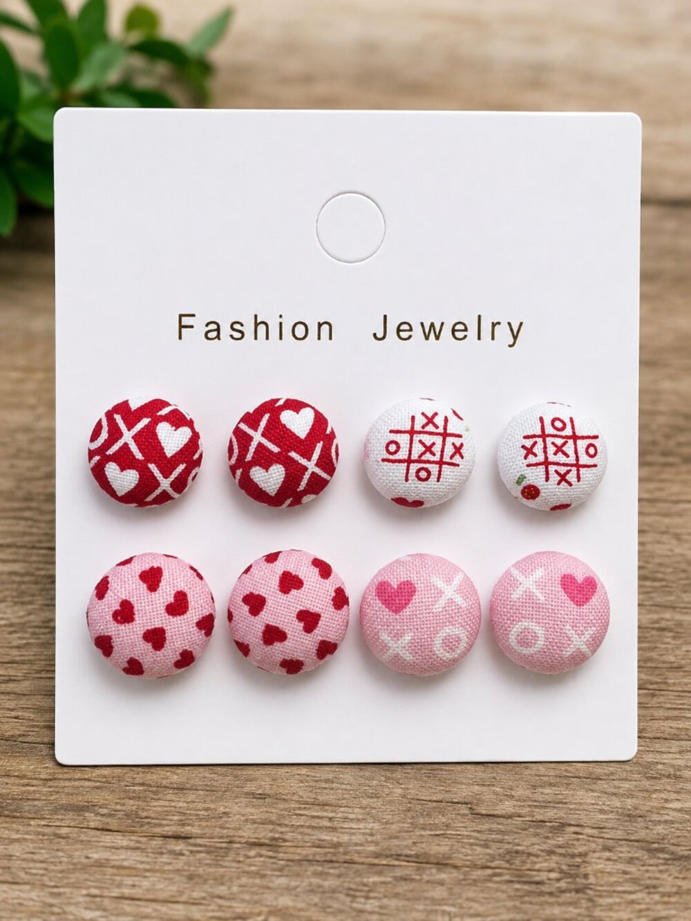 Valentine Heart Fabric Button Earrings 4 Pair Set Handmade Studs